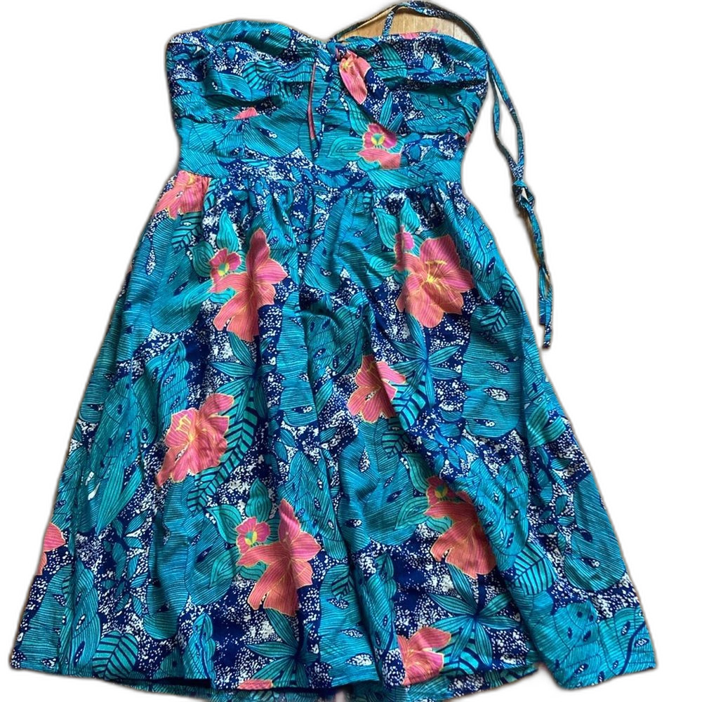 MODCLOTH STRAPLESS HALTER TROPICAL PRINT TEAL PINK NAVY DRESS Sz S
